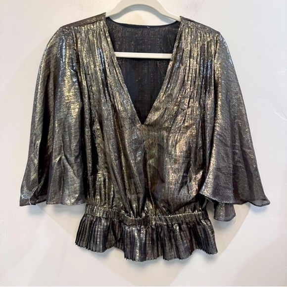 RAMY BROOK Tonya gold Metallic V Neck Top Blouse - Picture 2 of 9